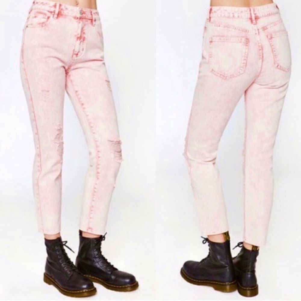 PACSUN ACID WASH PINK HIGH WAISTED DISTRESSED CROPPED MOM JEANS SIZE 25